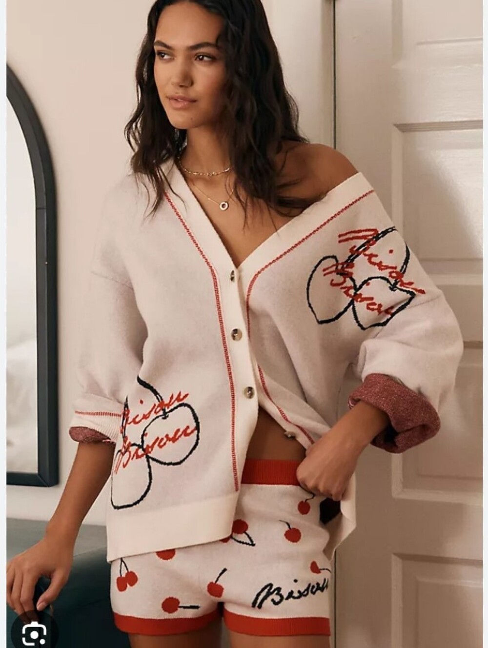 Anthopologie Lyrebird Cream and Red Embroidered Cardigan And Short Set M-L